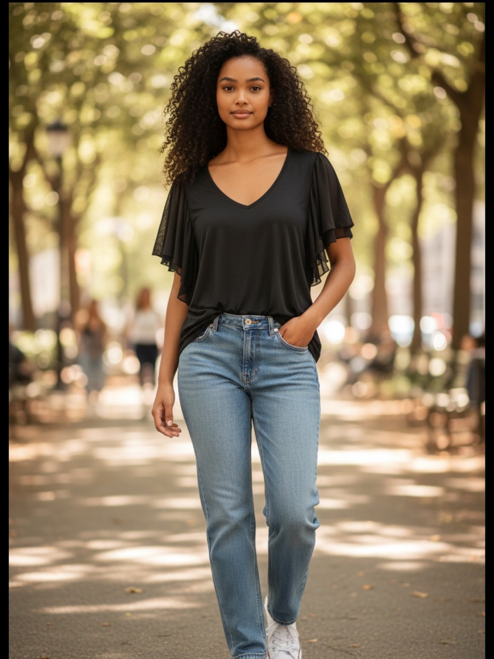 👗Uncle Frank Black V-Neck Tunic with Sheer Puff Sleeves